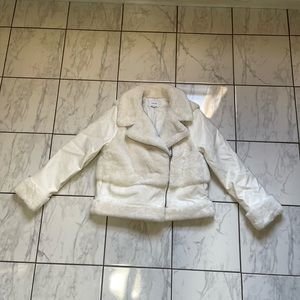 Nine West ‘Daisy Dew’ White Faux Fur Leather Zipper Moto Coat Jacket Women’s M
